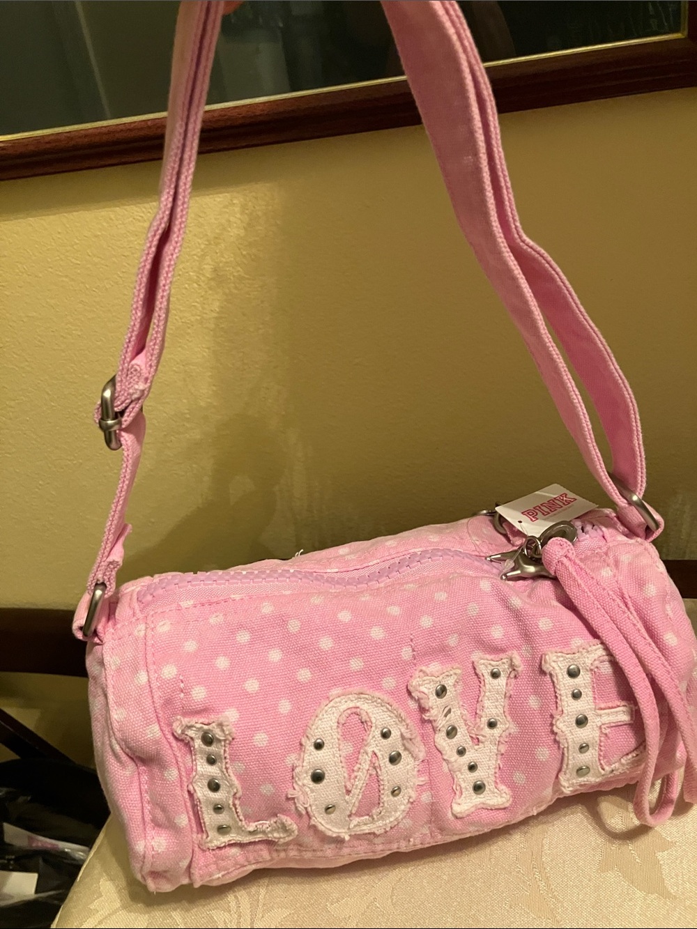 💖VS Pink VIRAL Y2K style Canvas Rolled Duffle Bag pink with polka dots NWT - Picture 6 of 12